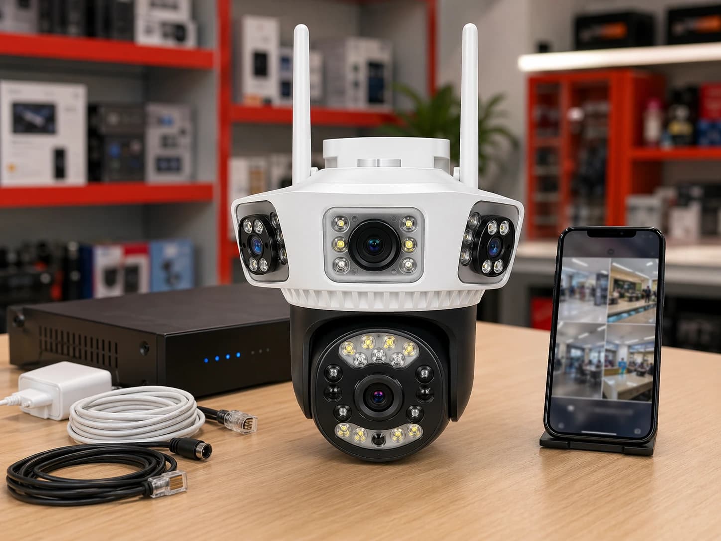 Ảnh minh hoạ cụm camera an ninh và màn hình theo dõi từ xa.