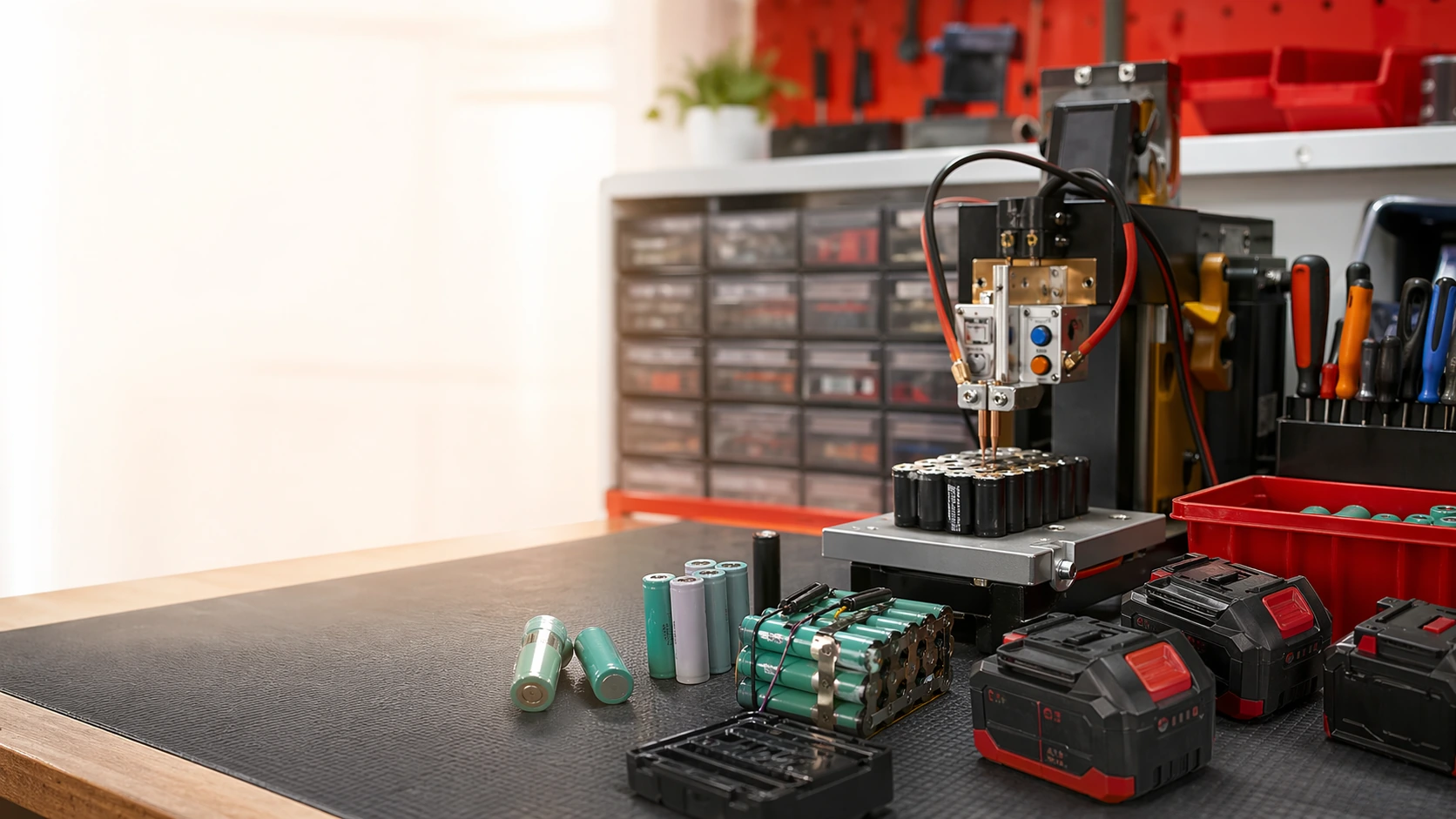 Bàn kỹ thuật đóng pin Lithium với cell, mạch BMS và pin máy công cụ.