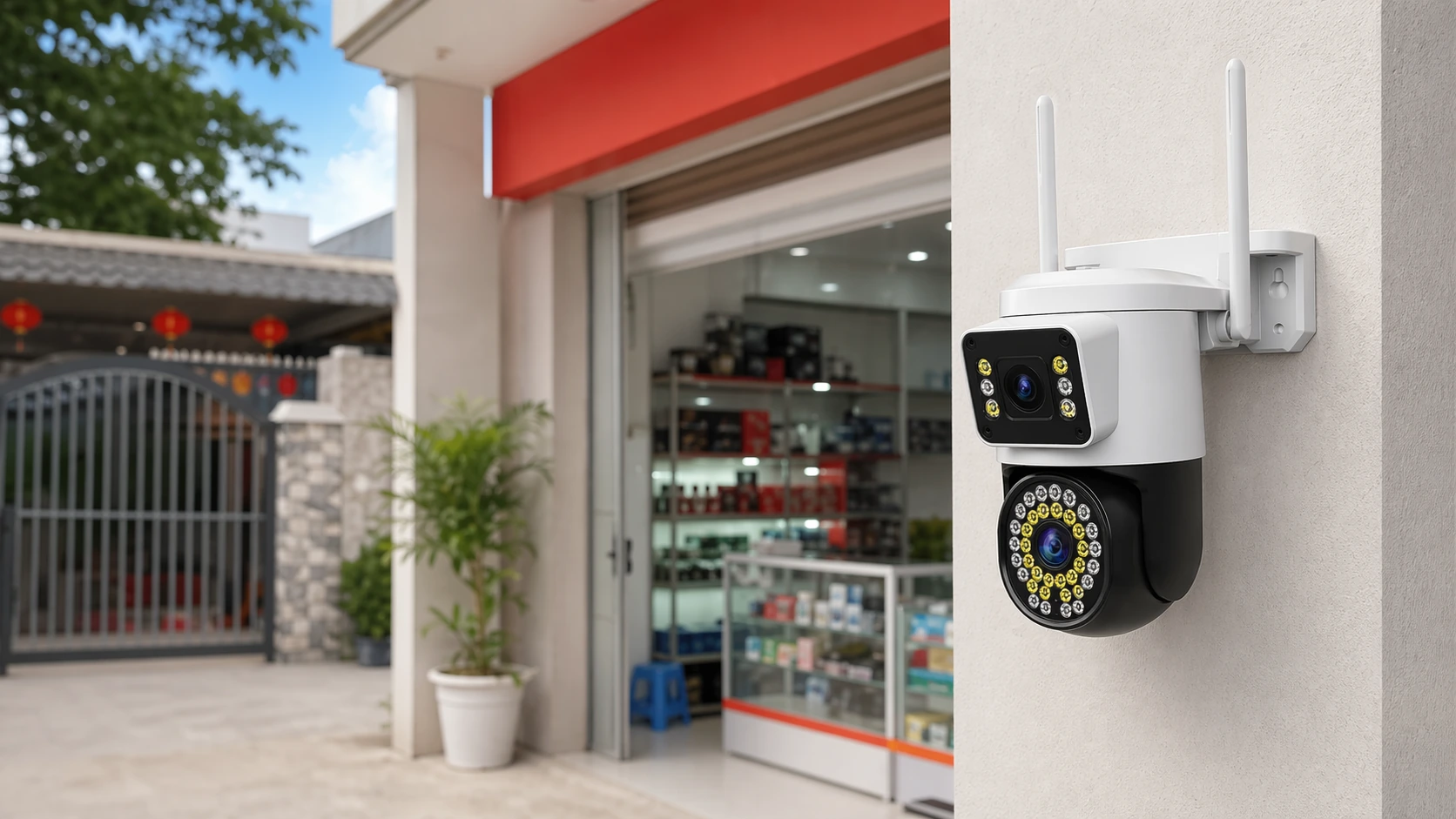Camera an ninh Wi-Fi ngoài trời lắp tại mặt tiền cửa hàng.