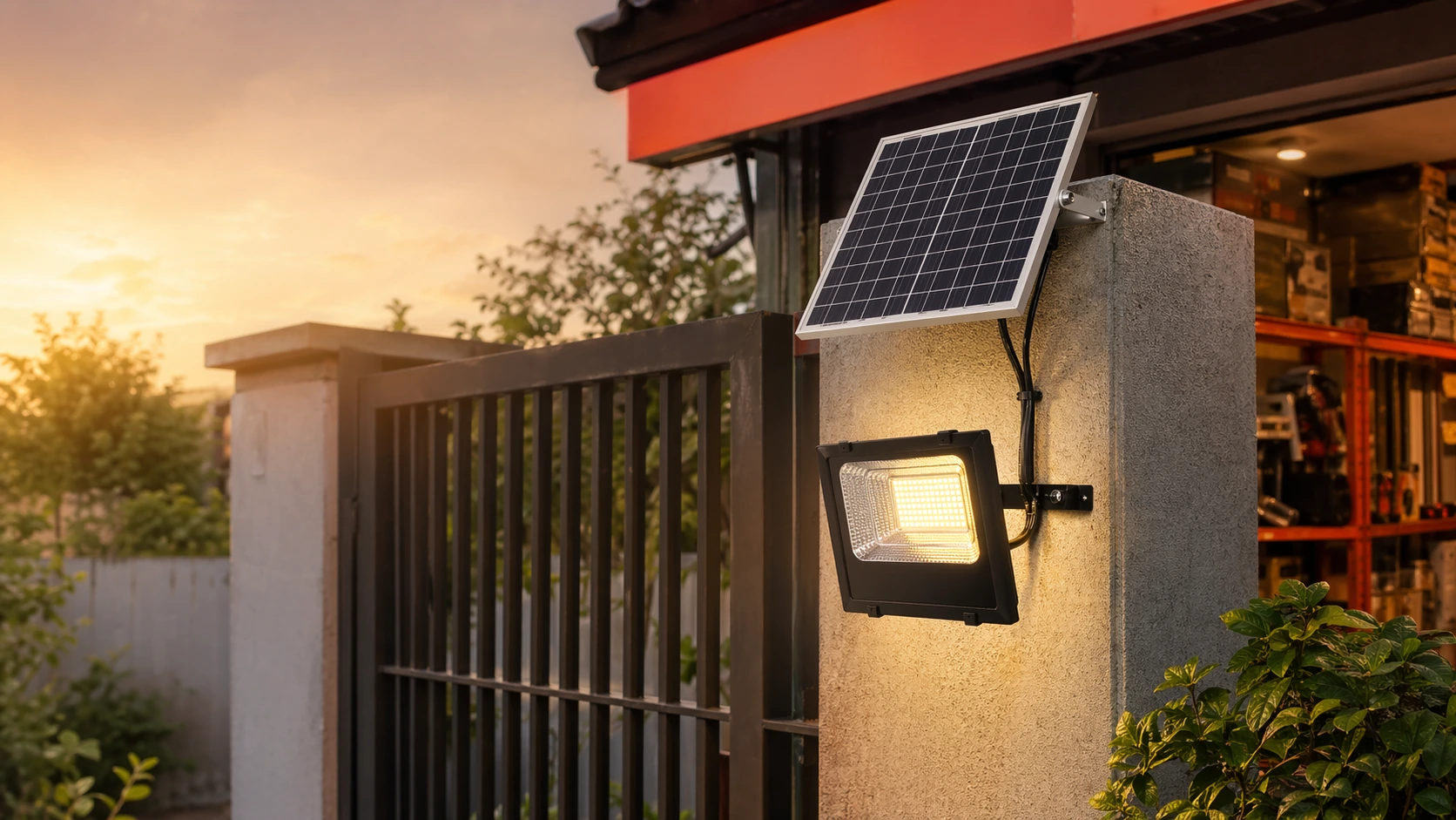 Đèn pha năng lượng mặt trời và tấm pin lắp ở cổng nhà.