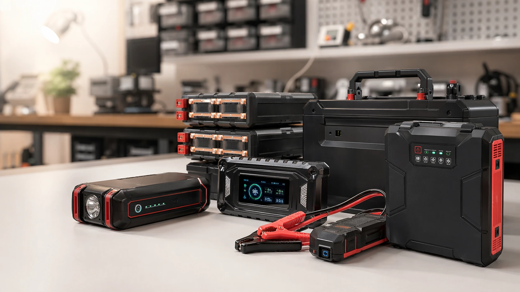 Bộ pin lưu trữ và kích đề được sắp xếp trên quầy kỹ thuật.