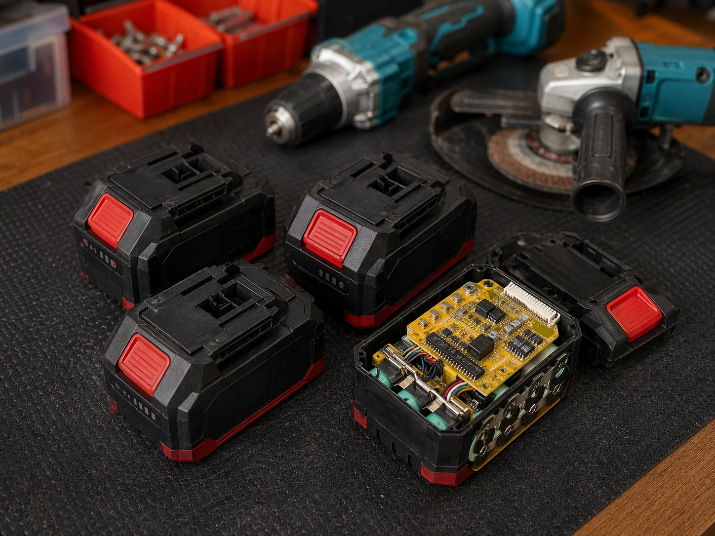 Các bộ pin máy công cụ 18V và mạch điều khiển đang được phục hồi.