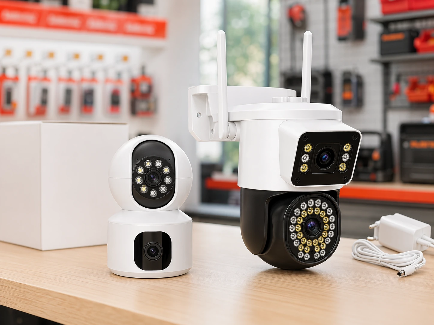 Bộ camera Wi-Fi gia đình gồm camera trong nhà và camera ngoài trời.