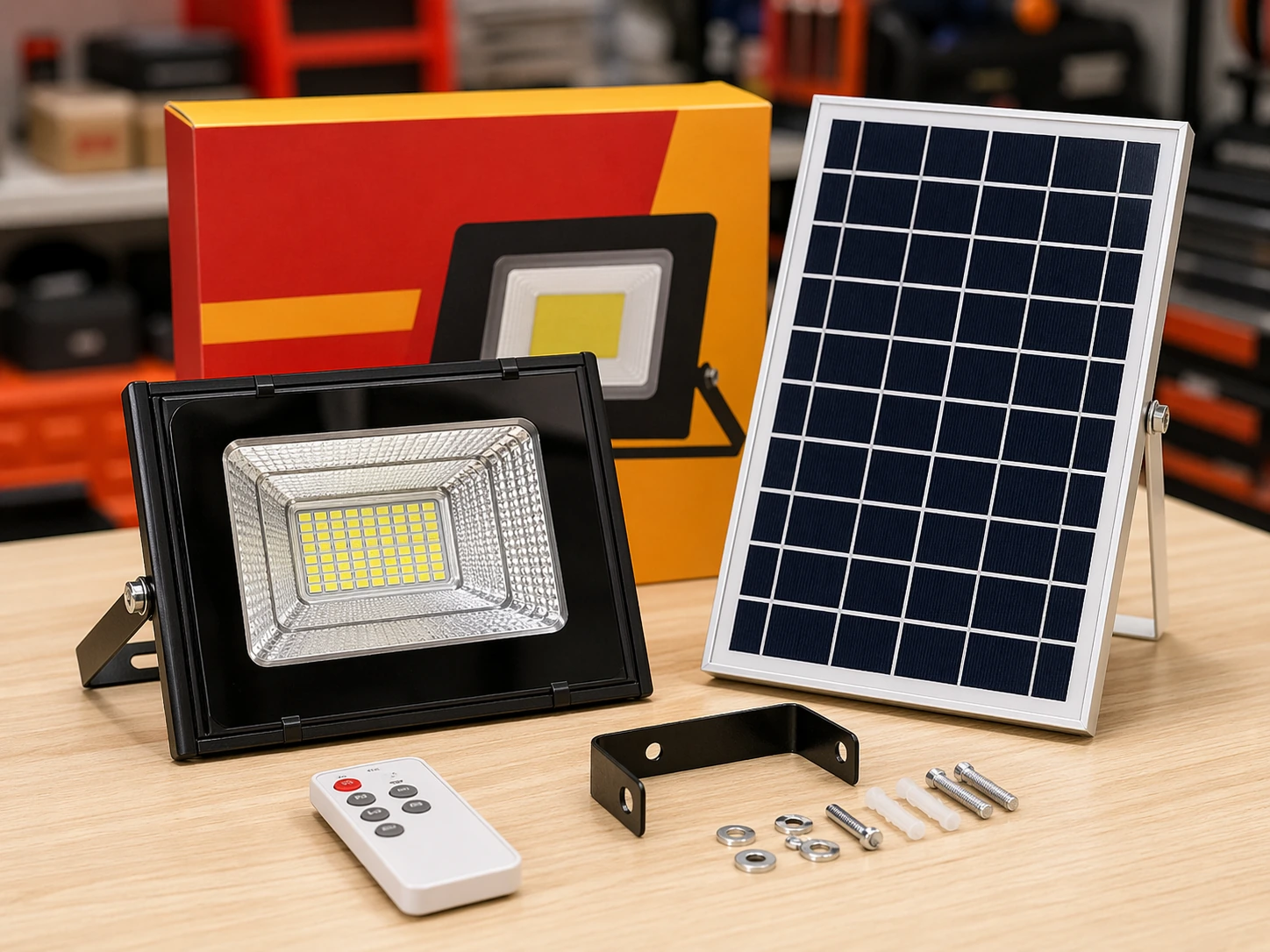 Bộ đèn pha năng lượng mặt trời, tấm pin và remote điều khiển.