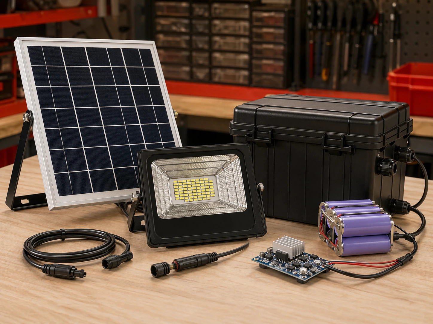 Bộ đèn cổng năng lượng mặt trời kèm hộp pin, mạch BMS và dây kết nối.